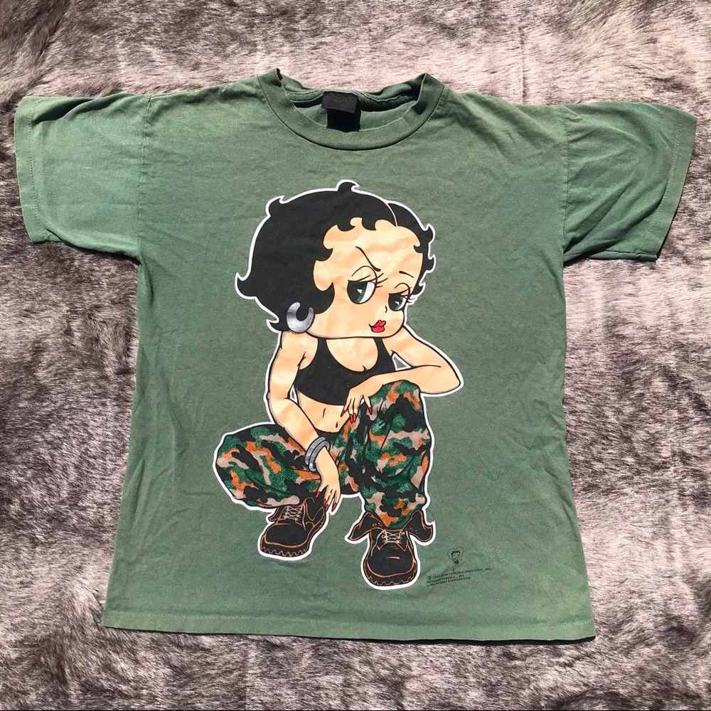 Vintage Betty Boop 90s tee Girls Rule! army chick camo pants bad ass READ DESC